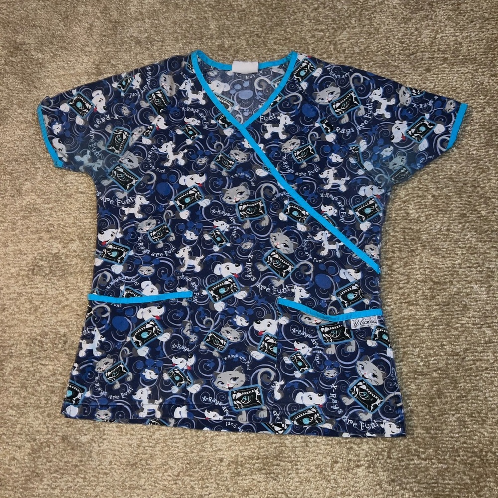 Uniform Advantage Blue ‘X-rays are Fun!’ Cartoon Dog & Cat Print Scrub Top XS